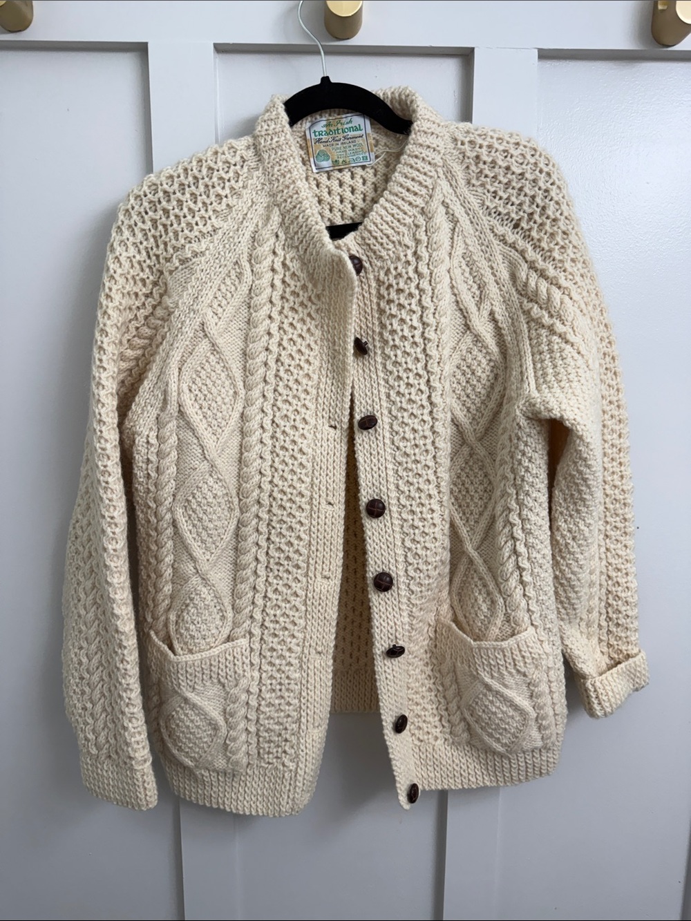 Hand-Knit Cream Cable Cardigan with Button Front